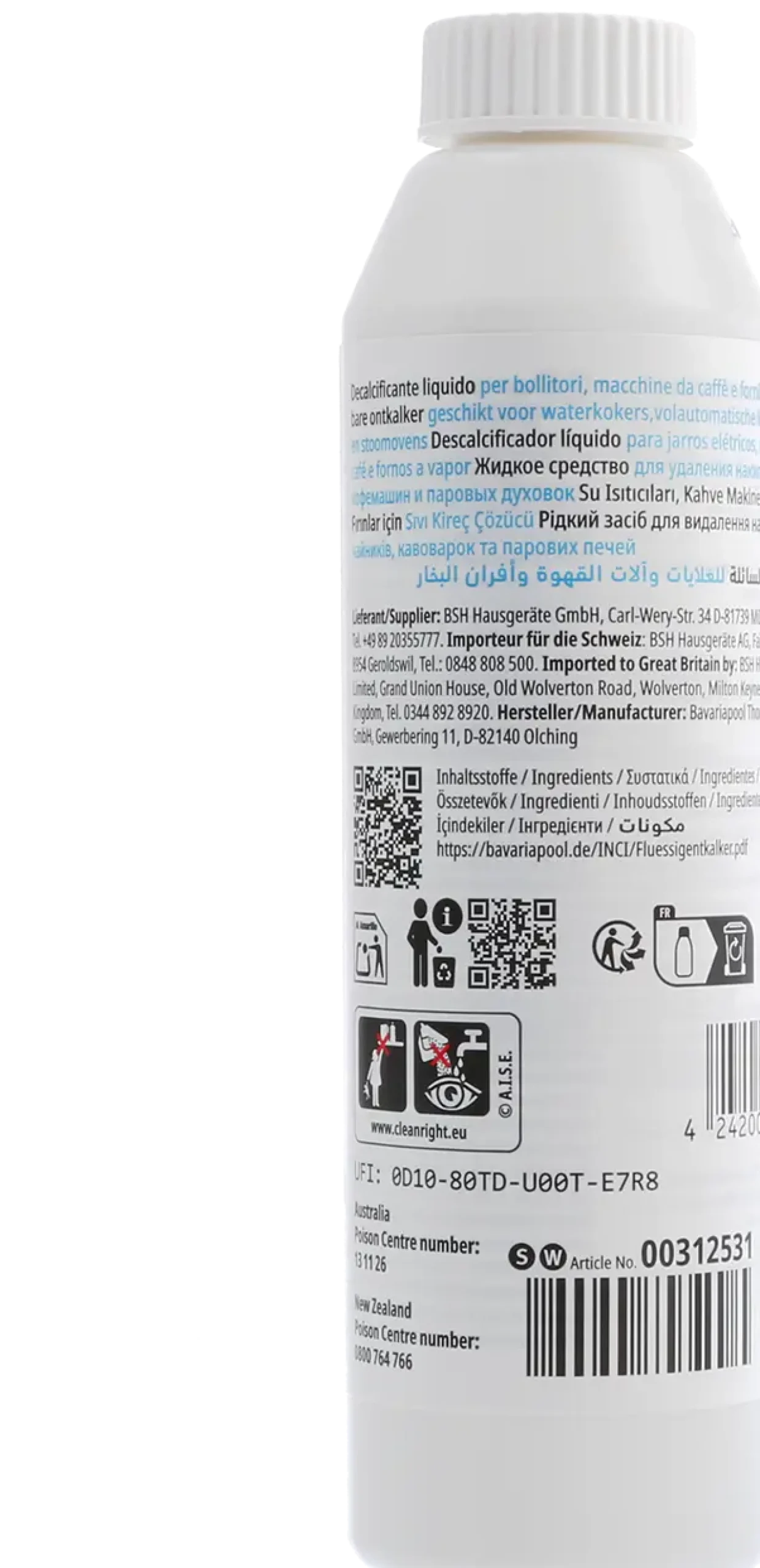 00312531 Ontkalker voor koffieautomaten, waterkokers en Stoomovens - 250 ml
