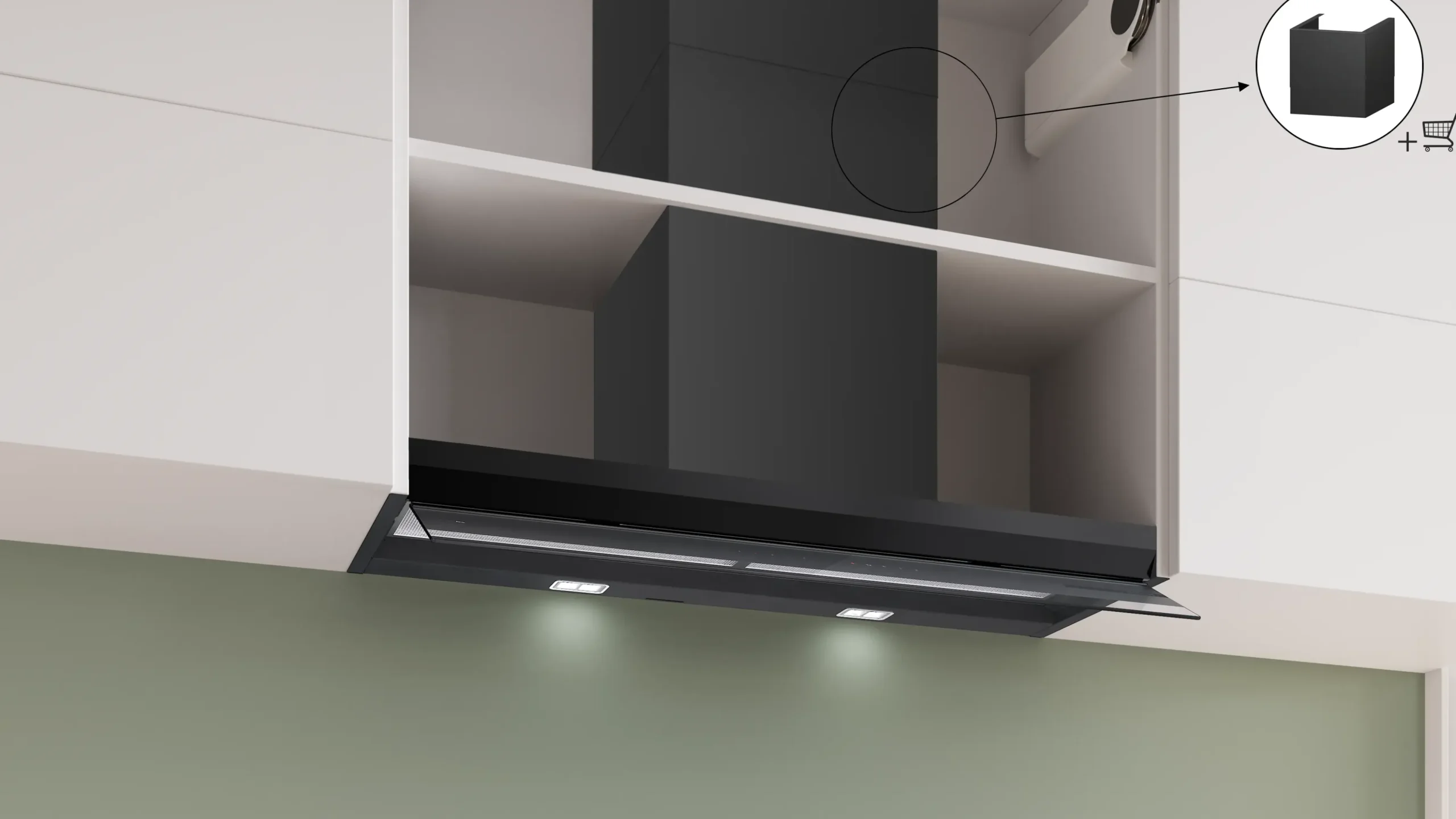 Serie 8 Geïntegreerde blokdesign schouwkap 90 cm zwart glas, Matzwart