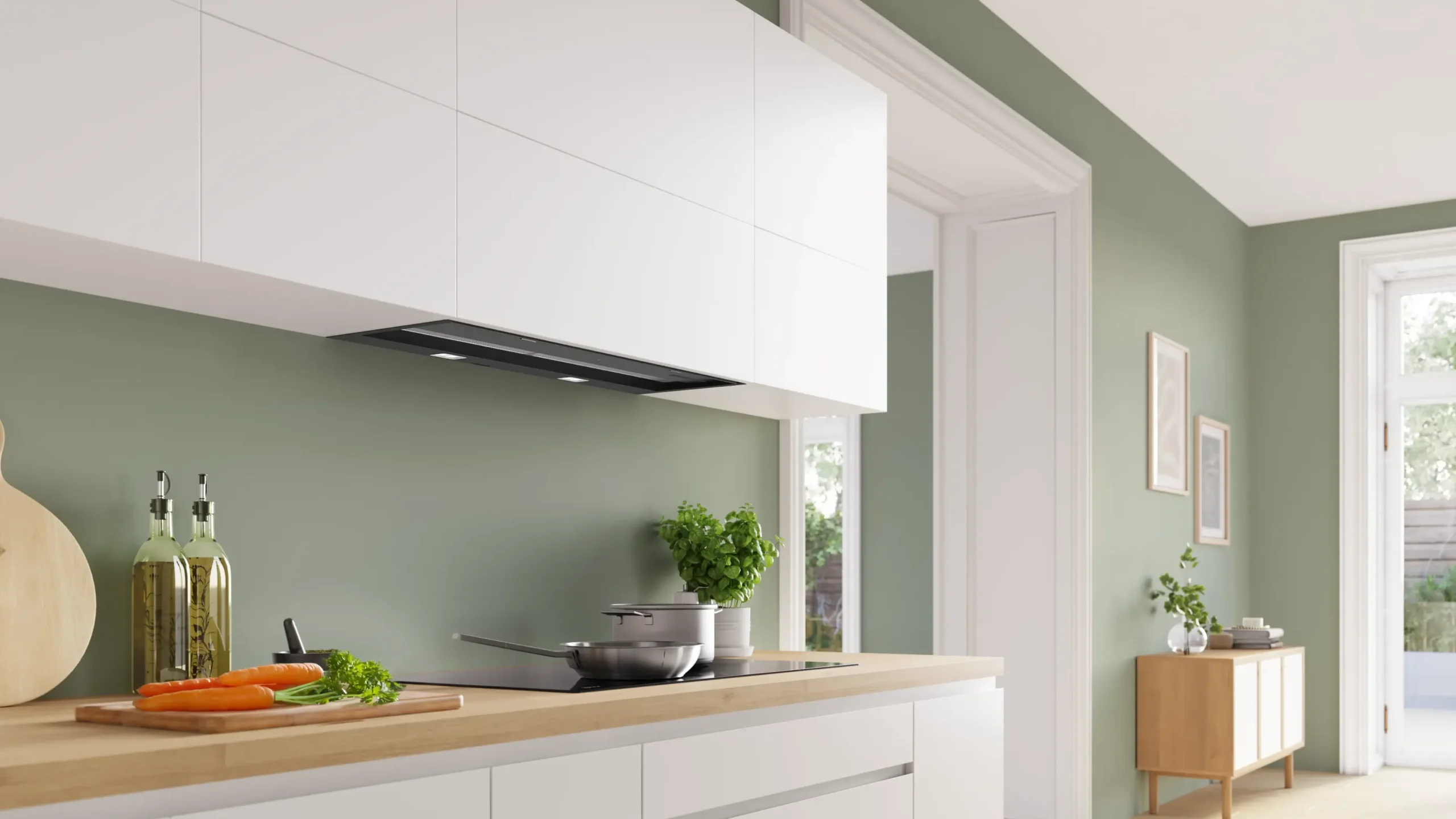 Serie 6 Geïntegreerde blokdesign schouwkap 90 cm zwart glas, Matzwart
