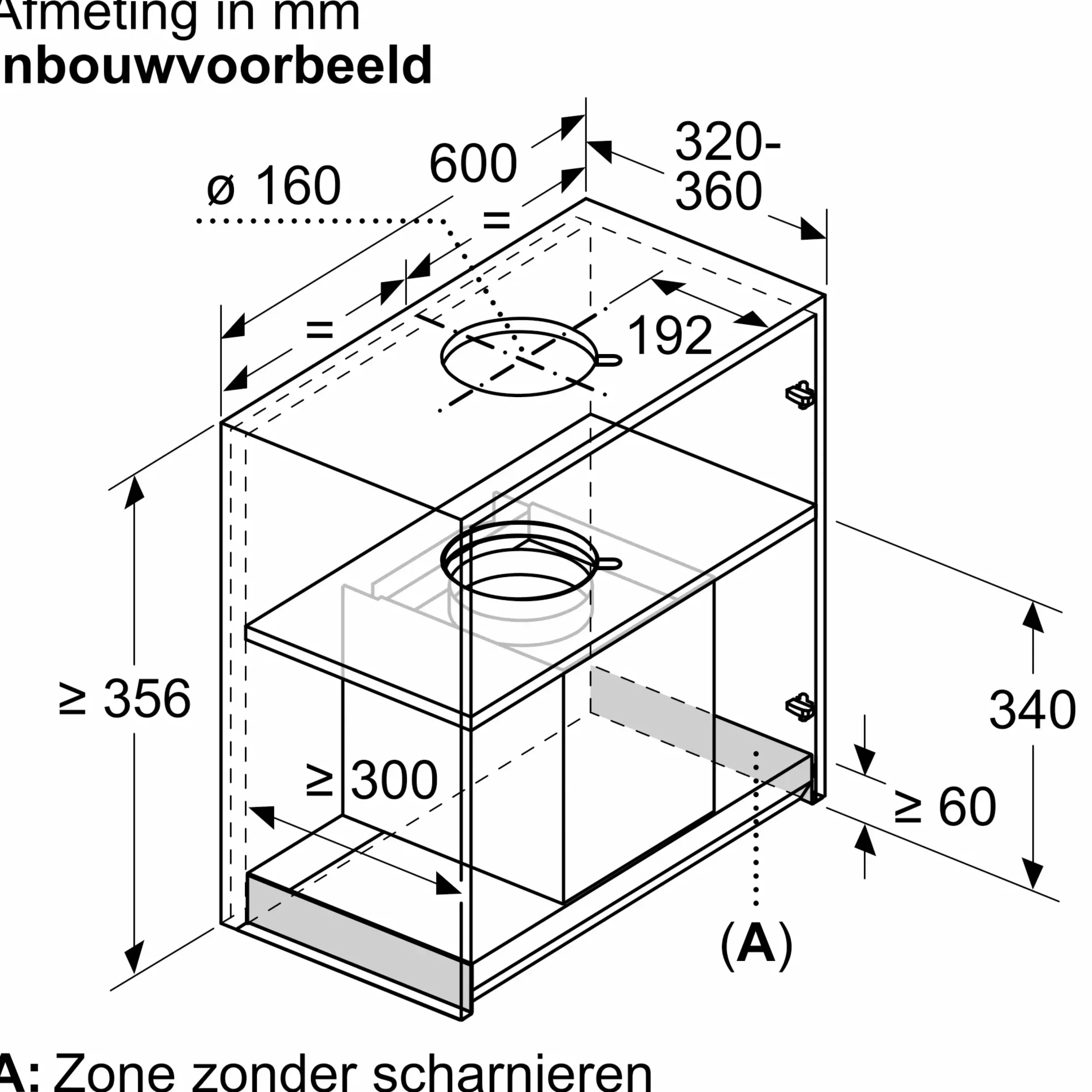 Serie 6 Geïntegreerde blokdesign schouwkap 60 cm zwart glas, Matzwart