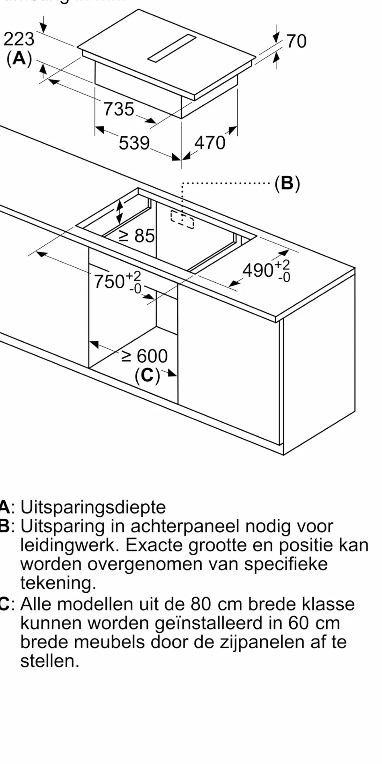 Serie 6 Inductiekookplaat met afzuiging 80 cm opbouwmontage met rand