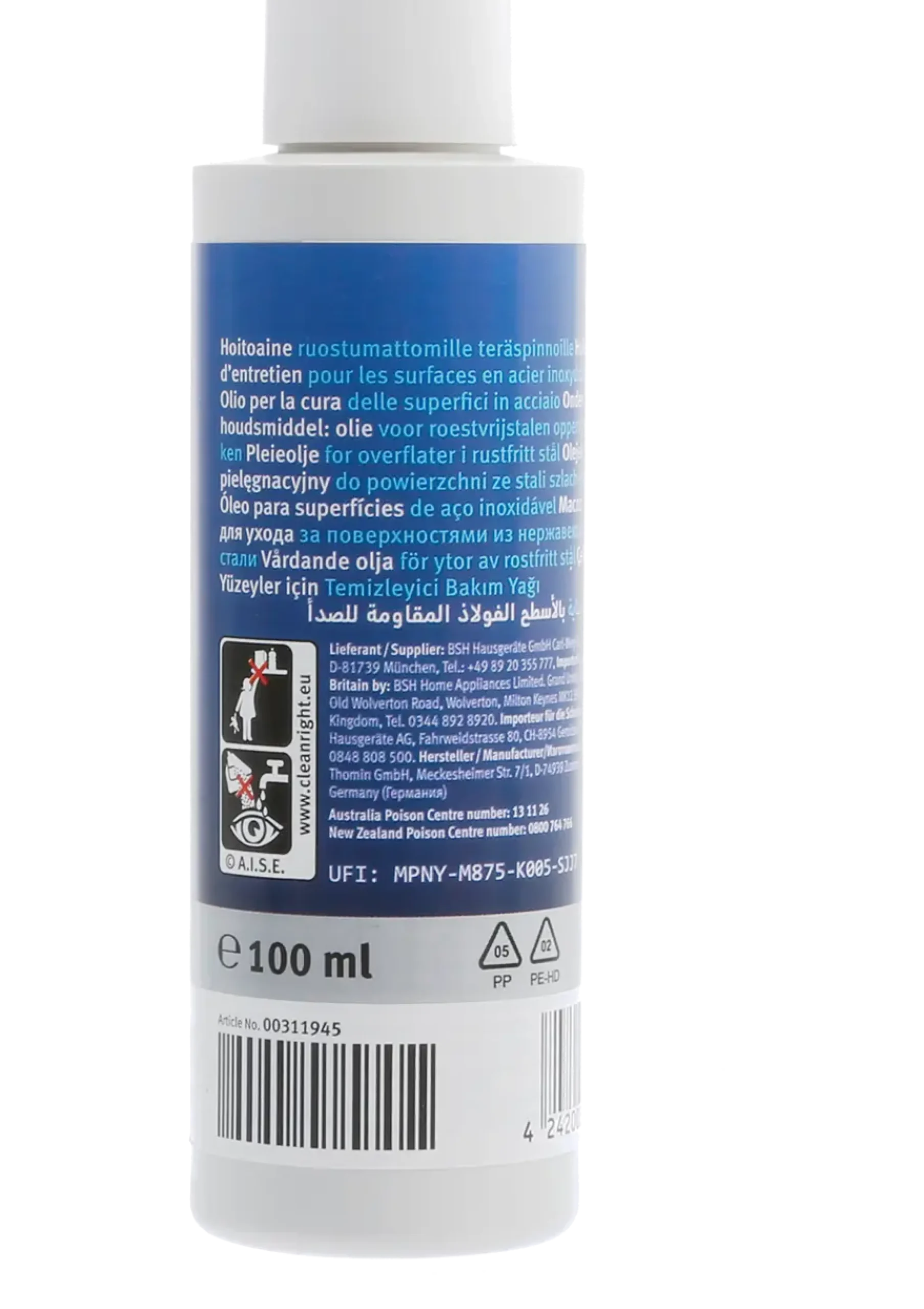 00311945 Speciale onderhoudsolie voor roestvrijstalen oppervlakken - 100 ml