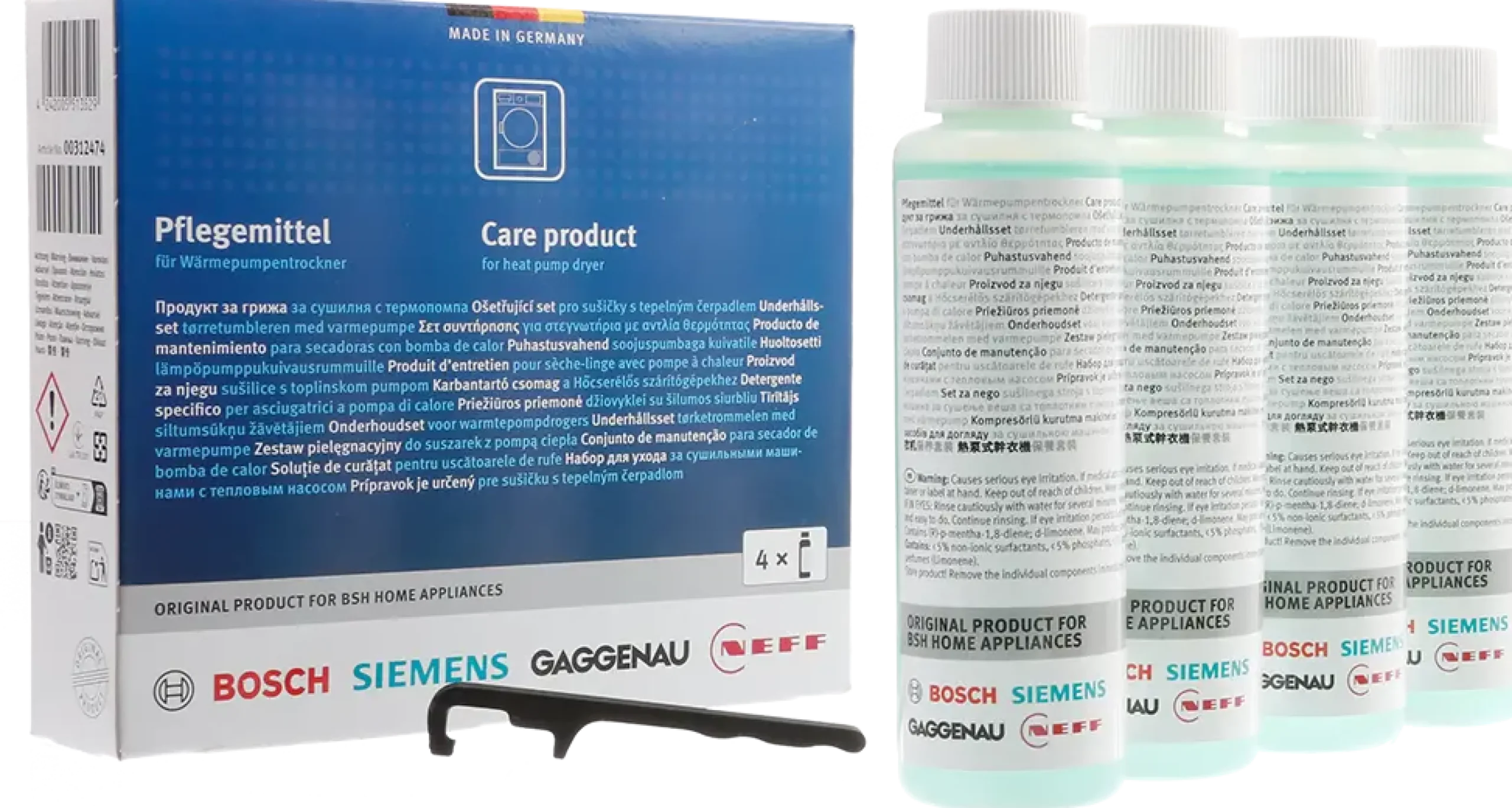 00312474 Verzorgingsset voor warmtepompdrogers - 4x 125 ml Voor alle warmtepompdrogers met geïntegreerd onderhoudsprogramma (CP1/CP2)