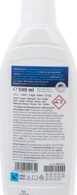 00312521 Vloeibare ontkalker geschikt voor koffiemachines, waterkokers en stoomovens - 500 ML